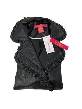Catherine Malandrino Faux Leather Ruffle Trim Black Moto Jacket